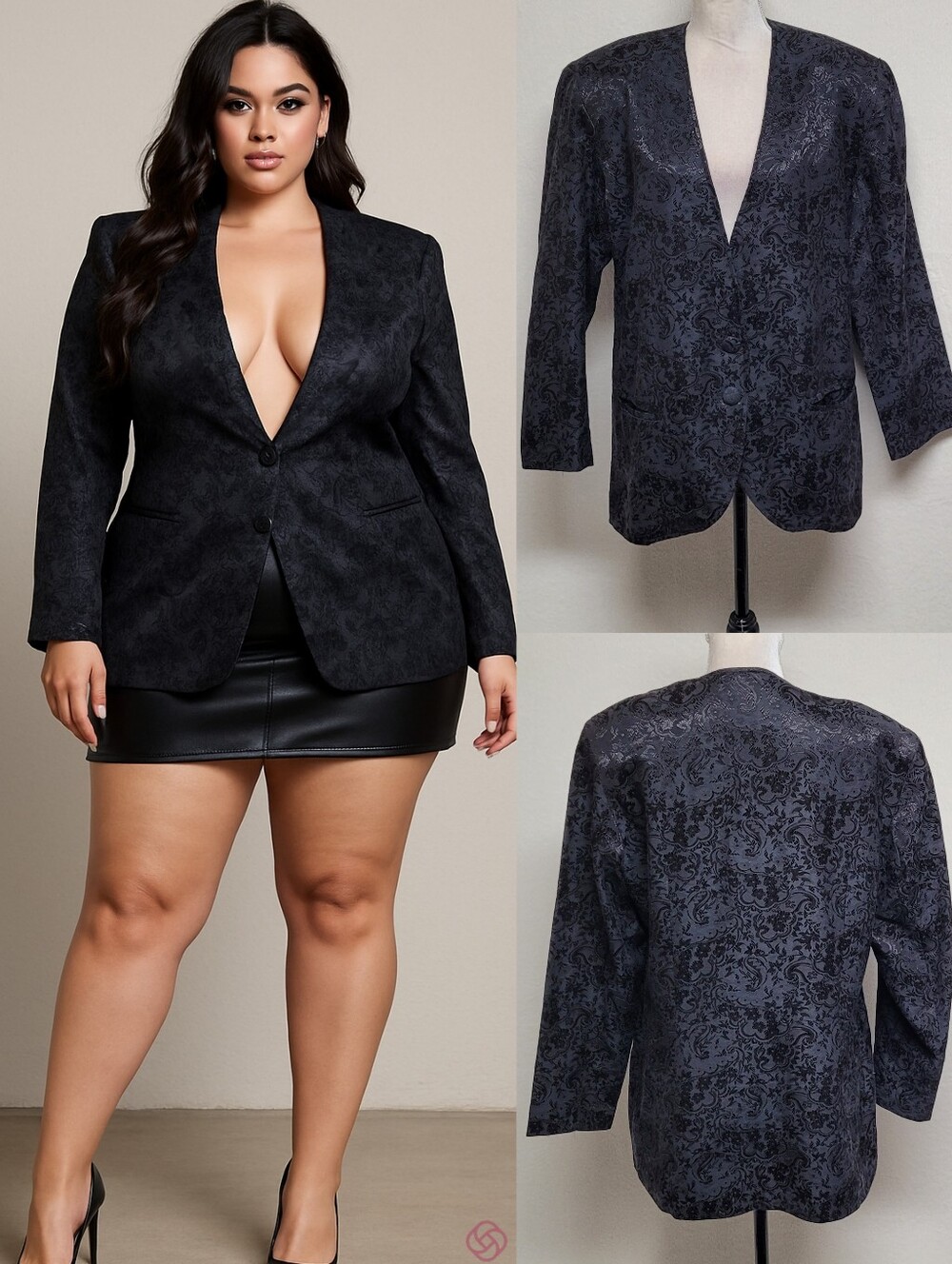 Nordstrom Brass Plum Vintage 70s Black Brocade Jacquard Collarless V-neck Blazer